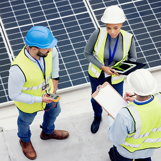Technicians monitoring solar panels